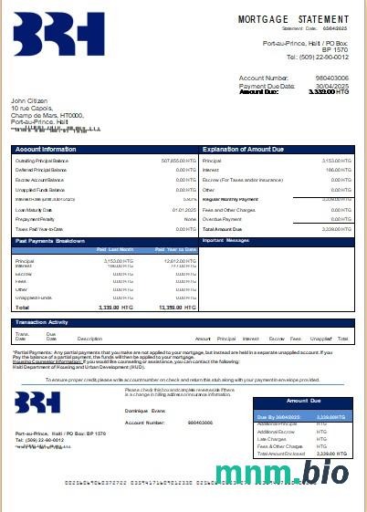 Haiti Bank BRH wyciąg z kredytu hipotecznego szablon Word i PDF